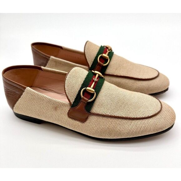 Gucci Brixton Beige Canvas Horsebit Buckle Loafers Web Stripe Flats EU 37 US 7 - Picture 4 of 12